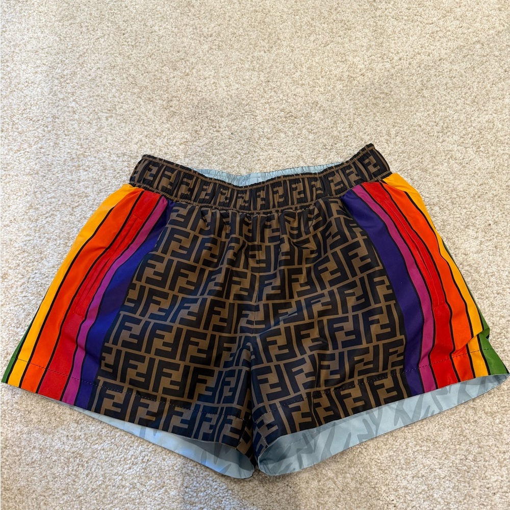 Fendi Logo Pattern Shorts with Rainbow Stripes